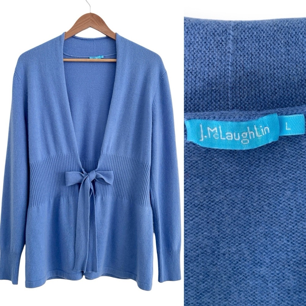 J. Mclaughlin Women's Large Blue 100% Cashmere Long Sleeve Tie Belt Cardigan